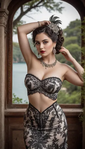 A vintage portrait of a beautiful curvy woman in an elaborately decorated outfit, showcasing intricate patterns and textures. She poses confidently with one hand raised, wearing a feathered hair accessory. The background features an ornate frame with a scenic view, including trees and a body of water, creating a romantic, dreamy atmosphere. The overall aesthetic is reminiscent of early 20th-century glamour and exoticism, with a black and white tone that adds to the vintage charm.