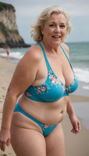 RAW photo, subject, (fine skin detail:1.1), 8k UHD, soft light, high quality, film grain, Fujifilm XT3, dynamic angle, An old blonde granny, fat, obese, Chubby blonde in a bright swimsuit frolicking on the beach