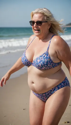 RAW photo, subject, (fine skin detail:1.1), 8k UHD, soft light, high quality, film grain, Fujifilm XT3, dynamic angle, An old blonde granny, fat, obese, Chubby blonde in a bright swimsuit frolicking on the beach, full body photoshoot