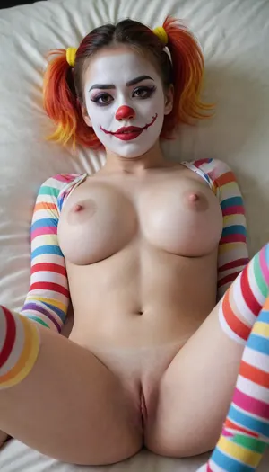 young beautiful Asian girl 18 years old clown girl with big breasts, laying on her back with spread legs, no panties, long striped socks, clown makeup, skinny, white face paint, detailed vagina, looking at the viewer, back long high multi-colored ponytails, excited, aroused, tack sharp, 4k, dslr