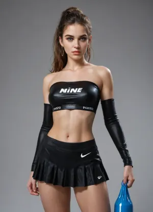 Runway look of a russian girl wearing arm sleeves, a plastic tube top with the Nike logo, and a mini skirt, in the style of dark blue and white, asymmetric compositions, 3d, industrial materials, techwear, sports wear, tagging and marking style, flowing lines, high gloss, made of rubber