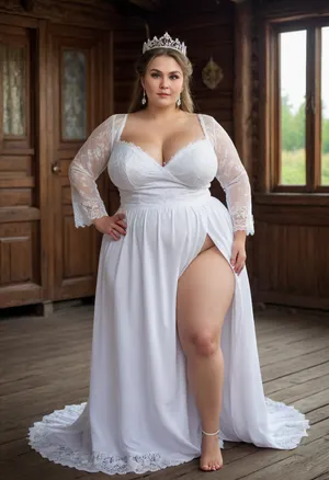 Full body portrait of a Russian beauty oversized bbw milf with oversized thick thighs and large floppy breast, wearing national white costume. Diamond tiara. old russian village, wooden russian houses. lace filigree of bright, rich color. Super clear, high quality, 8k photo. rich on details