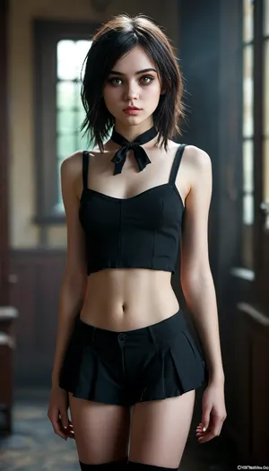 petite student, Slim, ripped revealing clothes, goth, Small tits, Slender legs, (full body view:1.4), Tinymodel, young, schoolgirl, 20 years old, perfect face, dark brown eyes, cute, closeup, petite body, smokey eyes, full body photo, beautiful face, (Ultra detailed skin:1.5), (ultra high resolution:1.5), pale, skin, <lora:MJ52:.3>, <lora:Pale_Skin_SDXL_v1.0:.4>