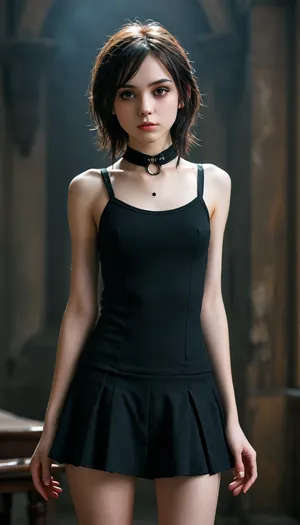 petite student, Slim, ripped revealing clothes, goth, Small tits, Slender legs, (full body view:1.4), Tinymodel, young, schoolgirl, 20 years old, perfect face, dark brown eyes, cute, closeup, petite body, smokey eyes, full body photo, beautiful face, (Ultra detailed skin:1.5), (ultra high resolution:1.5), pale, skin, <lora:MJ52:.3>, <lora:Pale_Skin_SDXL_v1.0:.4>