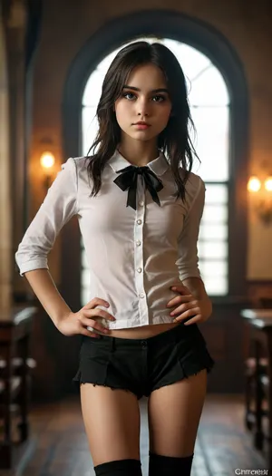petite student, Slim, ripped revealing clothes, goth, Small tits, Slender legs, (full body view:1.4), Tinymodel, young, schoolgirl, 20 years old, perfect face, dark brown eyes, cute, closeup, petite body, smokey eyes, full body photo, beautiful face, (Ultra detailed skin:1.5), (ultra high resolution:1.5), <lora:MJ52:.3>