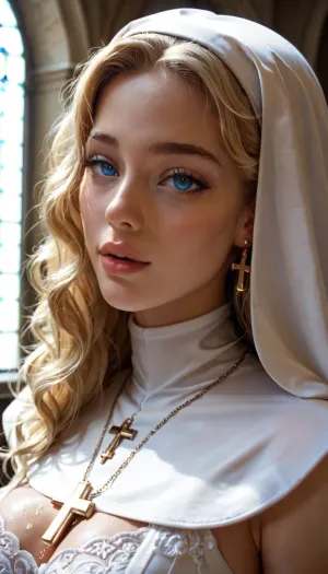 Sexy blonde girl with a big dick jerks off and Cumming all over himself, dressed in catholic nun dress, ((in love)), deep blue perfect eyes