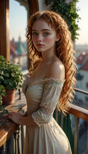 score_9, score_8_up, Ultra definition image, high detailed photorealistic, view from side, focus on eyes, sunrise on balcony, cute midjourney babe, athletic body, very long curly hair, high detailed eyes, light ginger hair, scandinavian ethnic, small nose, wide hips, big ass, medium breasts, leaning forward, wearing green and emerald midjourney dress with laces, narrow waist, fair skin, light tan, leaning on railing, hand behind hips, detailxl, <lora:detailed_notrigger:2>, <lora:MJ52:1.8>, <lora:Super_Eye_Detailer_By_Stable_Yogi_SDPD0:1.8>