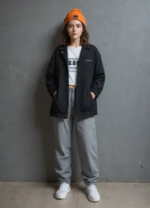 A Japanese woman wears an oversized black jacket with large pockets, paired with baggy dark gray pants and white sneakers for a streetwear style. She wears an orange beanie on her head to add color contrast against the coat's simplicity. The background is a simple gray wall, providing a clean backdrop that highlights both of their styles. Her posture exudes confidence as she stands in front of the camera, showcasing the balance between comfort and fashion. The scene has a cinematic, highly detailed, giving it a realistic feel.and a vintage Polaroid filter is applied to the image. Fashion, sci-fi