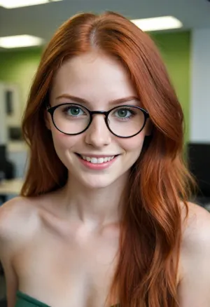 beautiful cute slender 18 year old woman posing topless, long red hair, wearing big round glasses with thin frames, bare breasts, green eyes, smiling, in an office, 3/4 view, close-up