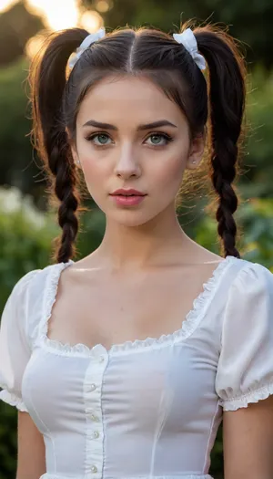 only face in image, most beautiful sexy bitch in all universes, extremely beautiful face, extra sensual, alluring, high cheekbone, extremely full sensual lips, light blue eyes, plain jet black hair, (twintails:1.2), lean body, hourglass figure, tanned, solemn, slightly blushing, (frilly white low sleeved blouse:1.2), navel exposed, blackboard in background, evening light, english garden, only face of woman in image