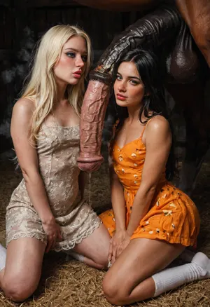 Two russioan e-girls, (half undressed in otaku cosplay gamer dress, with sport snickers and high socks:1.5), wearing wet ruined makeup, percings and jewlery, realistic fit lean pale woman with messy entangled long hair and tiny tits, ((She is sitting with her back to the frame on knees and grabbing giant fat girth horse dick by hands and press it against nose)), (blushing:1.3), freckled face, ((smegma covered cock:1.6)), (smegma dripping), (((horse:1.5))), horse dick above head, in the barn, 20 years old, realistic detailed body anatomy, ImgFixerPre0.3, (horny:1.4), horny, skinny, flat, chested, they are about to pass out because of the bad smell, their eyes are going blank, eyes going blank, eyes rolling, rolling eyes, (((steaming horse cock:1.8))), <lora:PerfectEyesXL:.8>, <lora:flat_chested_v3.5:.8>, poorly lit, bad lighting, dimly lit, lights off, dark night, no lights, extremely dark scene, dark background, horror, horror film style, cinematic, documentary shot, ((dirty clothing)), dripping, filthy, smell, smelly, stinky, stink, stinking, rembrandt lighting, ((cinematic dark still)), (rembrandt), (chiaroscuro look), (high contrast), (harsh shadows realistic light), ((dramatic and sad photo)), ((flash harsh photo retro look)), (ahegao), ((eyes rolling)), (rolling eyes)