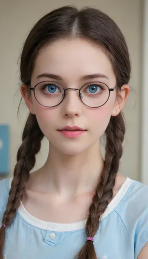 (((The whole body is visible))), nude, (photo taken in class), (((round thin-rimmed glasses))), (((narrow low face))), young face, Super realistic, perfect lighting, (best shadow), 8K, UHD, clear image, (best lighting), highest quality, ultra-detailed images, fine details, high resolution, 8k, (skinny waist), (skinny), Euro-American, (18 years old), bright blue eyes, dark brown hair, pigtails, very detailed face, blush, white skin, tt_flat, BJ_Oxygen, krnpp, <lora:reallora1:.5>, <lora:Oxygen girl_SDXL1.0:.5>, <lora:karina_sdxl_v10:.5>