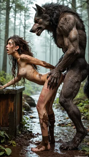 In a foggy forest, Side view, full female body view, beautiful petite latina, very long messy hair, scratches, muddy, wounded, (She is getting fucked in standing doggy by one werewolf:1.3), large werewolf, tall werewolf, on her toes, one lifted knee, slender body, closed eyes, moaning, blush, ((medium natural breasts)), very sweaty, (huge creampie), EdobWerewolf, <lora:add-detail-xl:.5>, <lora:sunnyrayyxo_v1_SDXLBase:.3>, <lora:885759_training_data:.8>, <lora:EdobWerewolf_XL_v1.0:.8>