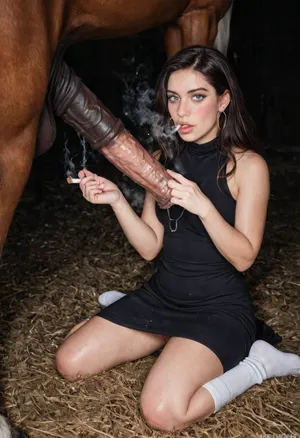 Two russioan e-girls, (smoking a normal cigarette:1.5), (half undressed in otaku cosplay gamer dress, with sport snickers and high socks:1.5), wearing wet ruined makeup, percings and jewlery, realistic fit lean pale woman with messy entangled long hair and tiny tits, ((She is sitting with her back to the frame on knees and grabbing giant fat girth horse dick by hands and press it against nose)), (blushing:1.3), freckled face, ((smegma covered cock:1.6)), (smegma dripping), (((horse:1.5))), horse dick above head, in the barn, 20 years old, realistic detailed body anatomy, ImgFixerPre0.3, (horny:1.6), horny, skinny, they are about to pass out because of the bad smell, (((steaming horse cock:1.8))), poorly lit, bad lighting, dimly lit, lights off, dark night, no lights, extremely dark scene, dark background, horror, horror film style, cinematic, documentary shot, ((dirty clothing)), dripping, filthy, smell, smelly, stinky, stink, stinking, rembrandt lighting, ((cinematic dark still)), (rembrandt), (chiaroscuro look), (high contrast), (harsh shadows realistic light), ((dramatic and sad photo)), ((flash harsh photo retro look)), raw, lighting, overexposed, harsh, flash, realistic, ultra real, realistic face, realistic skin and textures, smokinglora, <lora:Rawfully Stylish v0.2_epoch_20:.3>, <lora:smoking_v2:.8>