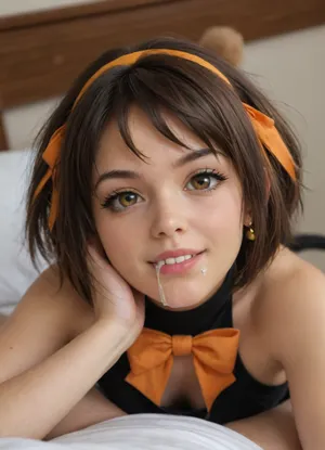 Haruhi suzumiya, orange bow, black cute bunn, (y), ears, black leotard, black bunn, tail, laying on a bed. Cute, devious eyes, smirk, golden eyes, big eyes. Cum in mouth