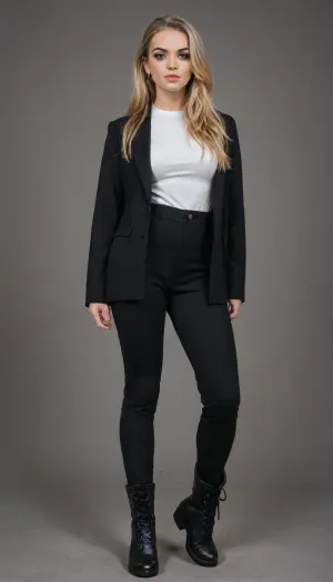 cute beautiful athletic girl, with long hair, blonde, bright makeup, dressed in a dark jacket, white shirt, dark trousers, ankle boots, stands in a defiant pose, realistic, long athletic legs, narrow hips, bright sunny day, aesthetically pleasing, professional photo