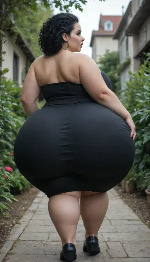 chubby woman, (plump:1.1), chubby, colorful plants, spikey hair, (race:1.2), (fat hyper ass in goth dress:1.2), hyper thighs, massive hips, back_fat, vibrant garden, (profile), low camera angle, walking