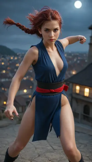 masterpiece, high_quality, highres, gradient, (matte colors), ultra-realistic, 32k, best quality, highly detailed, anime_source, (lineless:1.2), Anna_Rice, Superanime_style, adult, colorful, (1girl, 19 yo, athletic curvy body, long hair, perfect hairstyle, long braid, red hair, purple eyes, detailed face, medium small breasts, natural saggy breasts, perfect black nails, perfect slim legs), (1 girl wearing ninja tunic, doube swords, blue chakra energy), ((combat pose, ninja pose, intense, sense of danger)), bruises, rooftop, medieval fantasy, night, blue moonlight, dark city background, sens of tension, Gundam details, cinamatic lighting, dynamic pose, dynamic shot, dynamic angle