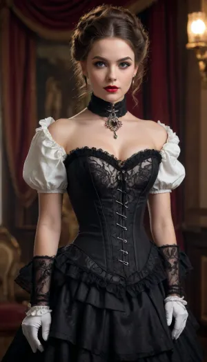 A vintage-style full-body portrait of a woman dressed in an elaborate Victorian-era inspired costume, exuding elegance and charm with a touch of theatrical flair. The outfit features a structured white corset with black beaded detailing along the neckline, creating a sophisticated and glamorous contrast. The corset accentuates her figure, while the black lace gloves add a delicate yet bold element to her look.

The skirt is a layered design with black and white striped fabric and black tulle overlays, featuring intricate polka-dot patterns and ruffled accents that add volume and movement. The combination of textures creates a rich, visually dynamic ensemble. A black choker with a small pendant adorns her neck, perfectly complementing the gothic aesthetic of the outfit.

Her hair is styled in voluminous, curly waves, framing her face with a timeless and dramatic effect. The hairstyle includes a black feather accessory that enhances the theatrical, period-piece look. Her makeup is classic, with a focus on bold red lips and subtly defined eyes, adding to the overall vintage charm.

The background is a muted, warm-toned brown with a painterly texture, resembling a traditional studio backdrop from the late 19th century. The lighting is soft and diffused, creating a warm glow that highlights her features and the intricate details of her outfit, while casting gentle shadows that add depth to the image.

The composition is centered, with the subject standing in a poised and confident manner, one hand resting on her hip and the other delicately holding a part of her skirt. The overall mood is timeless and elegant, evoking a sense of historical drama and classic beauty.