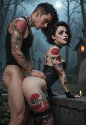 Score_9, score_8_up, score_7_up, 1girl, 1boy, goth girl, pale skin, (black hair with red streaks), heavy black smokey eye makeup, dark lipstick, (tattoos:1.5), lip and eyebrow piercings, studded earrings, black lace corset, fishnet stockings, leather choker, fingerless gloves, black boots, submissive expression, flushed cheeks, (anal penetration:1.5), side view, anal sex, bent over gravestone, ass back, pulling her hair, moaning, saliva dripping, (wet skin), (messy hair:1.1), cinematic lighting, night setting, fog, moonlight, old gothic cemetery, ancient gravestones, cracked marble, moss and ivy, iron fence, glowing candles, light mist, eerie vibe, dead trees, cold stone surface, deep shadows, ultra realistic, 4k