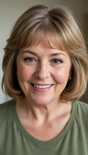 This image shows a headshot of a fat smiling mature granny. She has shoulder-length, light brown hair with lighter highlights, styled with some volume and bangs. Her eyes are blue and she's looking directly at the camera. She's wearing a casual, light olive green t-shirt with a v-neck that reveals some cleavage. There are visible freckles on her chest. The lighting in the image appears to be natural, and the background is a blurred, light-colored indoor setting.