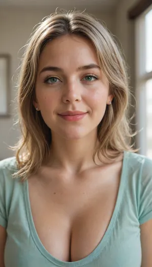 This image shows a headshot of a obese smiling mature granny. She has shoulder-length, light brown hair with lighter highlights, styled with some volume and bangs. Her eyes are blue and she's looking directly at the camera. She's wearing a casual, light olive green t-shirt with a v-neck that reveals some cleavage. There are visible freckles on her chest. The lighting in the image appears to be natural, and the background is a blurred, light-colored indoor setting.