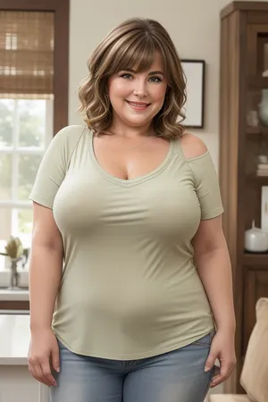 This image shows a headshot of a obese smiling mature granny. She has shoulder-length, light brown hair with lighter highlights, styled with some volume and bangs. Her eyes are blue and she's looking directly at the camera. She's wearing a casual, light olive green t-shirt with a v-neck that reveals some cleavage. There are visible freckles on her chest. The lighting in the image appears to be natural, and the background is a blurred, light-colored indoor setting. Erect nipples.