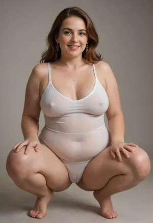 This striking full-body portrait, meticulously presents a ssbbw mature, fat, FUPA, very obese, (chubby), (gilf), 60 years old. Her presence dominates the frame against a stark and unassuming plain black backdrop, ensuring all attention is directed towards her. She is squatting.
Her face is a compelling focal point, showcasing soft, mature features. Her skin has wrinkles, possessing a natural, even complexion that hints at a life well-lived. There are subtle suggestions of maturity around her striking light eyes, which are the windows to a confident and knowing gaze directed straight at the viewer. Her facial expression is inviting, marked by a sexy and authentic smile that subtly lifts her big, plump, and juicy lips, teeth showing, lips parted. The contours of her face are soft, lacking harsh lines, contributing to her approachable demeanor.
Framing her face is her long, auburn hair, which cascades over her shoulders with a natural wave. Interspersed within the auburn are distinct and visible streaks of gray, unequivocally signaling her mature age and adding a touch of distinguished elegance to her appearance. Her hair is styled with a simple part slightly to her right, allowing it to fall naturally and frame her face softly. Long hair.
Her body is plump and has a curvaceous figure, obese. Her mature physique is evident in several key areas, wide hips that suggest a feminine silhouette, a noticeable fupa, which is a roll of fat in the upper pubic area, a chubby pelvis, and a plump waist, all contributing to her substantial and womanly form. Her breasts are presented in a realistic manner, appearing saggy due to age and gravity. She is wearing a form-fitting, white v-neck one-piece swimsuit. The fabric appears to be a thin material, which subtly clings to her curves, further emphasizing her plump figure. The v-neck cut is notably deep, drawing the viewer's eye to her décolletage, a classic area of mature feminine allure.
Her hands are positioned near her breasts, conveying a relaxed and natural posture. On her left hand ring finger, she wears a prominent wedding ring featuring a big, sparkling diamond. Exposed pubic hair, excessive pubic hair, cellulite, thick, thighs