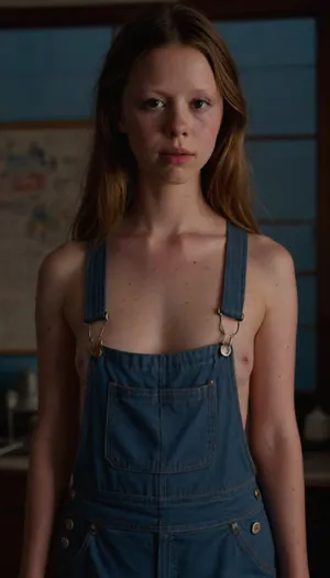 a photo of Mia Goth, full body shot, ohwx woman, cinematic lighting, side boob, nipple slip, pink nipples, her face is covered in freckles, miagoth101, 1girl, m1ag0th, overalls, blue, eyeliner, <lora:1415579_training_data:.8>, <lora:Mia Goth - m1ag0th woman - damocles_aaa:.8>
