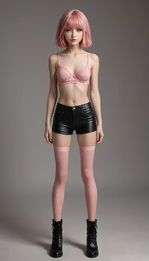A portrait of an emo girl, 18 y.o., black and pink hair, black eyeliner, extremely pale skin, extremely pale face, high cheekbones, very skinny face, skinny, pink see-through bra, black leather shorts, black leather ankle boots, pink fishnet stockings, neutral background, 8K, UHD, hyper-photorealistic, 3xpression, <lora:emogirlXL:.8>