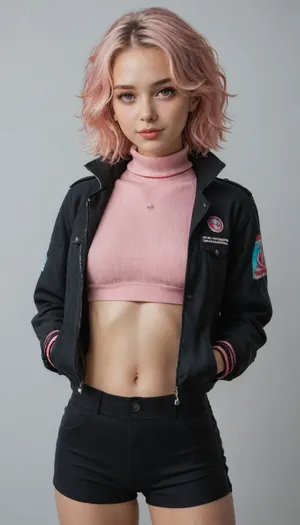 japanese anime-style character with long, flowing black and pink hair and vibrant pink eyes. The character is skinny chinese wearing a shiny, iridescent bomber jacket with a high collar and ribbed cuffs, paired with black shorts. The jacket reflects a spectrum of colors, giving it a holographic appearance. The character's skin is fair, and they have a confident expression with a slight smile. The background is a simple, light-colored gradient, enhancing the focus on the character.