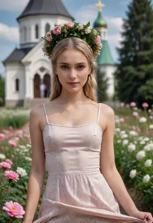 A beautiful slender Russian girl with a blonde braid, stands in a flower field, a wreath of flowers on her head, an Orthodox church in the background, clothes, from, below, LIFT, UP DRESS, CURTSEY FROM BELOW BACK, <lora:Lift Up Dress:.8>, skirt lift, <lora:skirtLift:.8>