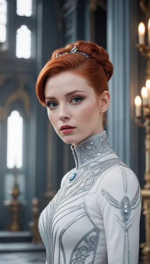 young noblewoman, age 27, pale porcelain skin, red hair styled in a flawless updo, cold gray eyes, serene and unreadable expression, wearing futuristic baroque attire in pearl white, steel blue and silver, high-neck gown with rigid structured lines, embroidered with subtle glowing runes or geometric symbols, adorned with floating crystal details, standing in a cold sci-fi palace with soft lighting, aura of silence, discipline and mystery, artstation style, 4K