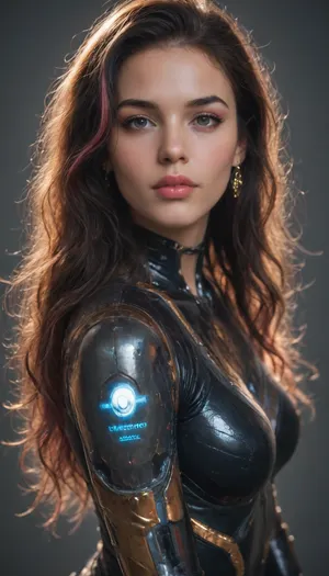 Futuristic woman, glowing light-medium skin, symmetrical face, sharp cheekbones, full glossy lips, long wavy black hair with pink neon highlights, holographic futuristic bodysuit, golden jewelry, Metaverse sci-fi fashion, cinematic lighting, hyper-realistic details.
