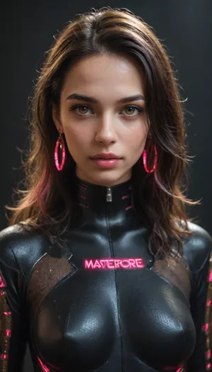 Futuristic woman, glowing light-medium skin, symmetrical face, sharp cheekbones, full glossy lips, long wavy black hair with pink neon highlights, holographic futuristic bodysuit, golden jewelry, Metaverse sci-fi fashion, cinematic lighting, hyper-realistic details.