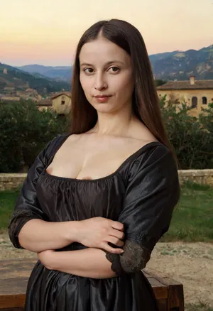 (Florentine renaissance woman reminding of the woman in Da Vinci's "Mona Lisa"), posing outside in a similar landscape as is pictured in the painting "Mona Lisa" by Da Vinci, the composition of the pickups is similar to the painting "Mona Lisa", the year is 1503, soft and picturesque lighting, high-quality old vintage portrait photo