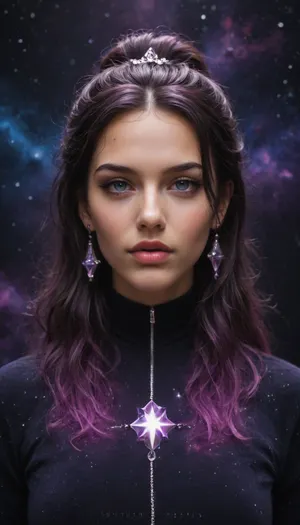 A Starseed Empress floating in deep space, wearing a crystalline robe and a cosmic crown made of orbiting planets. She stands atop a glowing Merkaba platform surrounded by sacred geometry, stardust, and galactic portals. Her eyes glow like stars. Background, violet nebula, cosmic fractals, divine starfield. Galactic feminine energy, celestial journal cover.