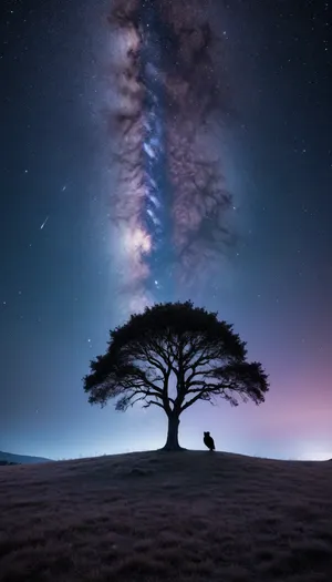 A serene night-time landscape showing a silhouette of a lone tree on a quiet hilltop under a vast starry sky. The Milky Way stretches across the sky with glowing constellations, while a small owl sits on a branch, watching the stars. Fireflies gently glow near the ground, and a light mist hugs the grass. Cool tones of deep blue, silver, and soft purples dominate the scene. Peaceful, slightly magical atmosphere, ultra-realistic details, no text, perfect for a calm and dreamy desktop wallpaper, 4K resolution.