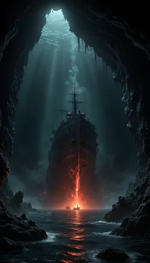 A dark and foreboding deep ocean abyss, with pitch black water that appears to swallow all light, except for a mysterious, pulsing, and ominous glowing red light radiating from a distance, casting an eerie, unsettling ambiance, and dramatic cinematic lighting that accentuates the sense of unease and fear, evoking a feeling of underwater horror, rendered in an ultra-realistic style with meticulous attention to detail, showcasing the dark, rugged, and unforgiving texture of the ocean floor, and the twisted, gnarled, and decaying remnants of long-forgotten ships and sea creatures, immersed in an atmosphere of dread and tension.
