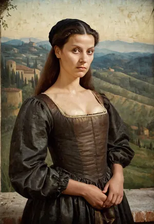 (Florentine noblewoman in 1503), natural face, no makeup, serious expression, historically accurate dress with square neckline and no lace, realistic proportions, subtle imperfections, painted portrait in the style of Leonardo da Vinci, sfumato lighting, Tuscan landscape in background, old oil painting texture, canvas grain