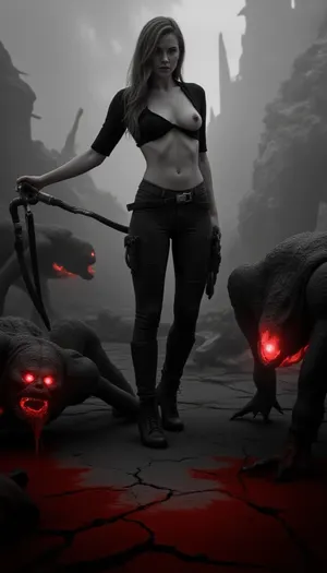 ---

🔴👽 „Nyra, Crimson Hive“ – Scene 1, (Vetřelci glowing red), Kontrastní styl, Černobílá scéna s rudě svítícími vetřelci, postava v centru, šedý svět


---

🖋️ Prompt pro generátor, (EN), A post-apocalyptic alien planet, rendered fully in grayscale — cracked terrain, fog, decaying spaceship parts scattered across the scene, ruined towers in the far distance.

In the center stands Nyra, a powerful, sensual female warrior with a partially torn tactical bodysuit, exposing her toned midsection and chest. Her form is rendered in detailed black and white — skin, gear, scars, and sweat.

Around her, three monstrous xeno-creatures are emerging from the fog. Their veins glow with bright crimson phosphorescence, pulsing under their biomechanical skin. Their eyes, acidic saliva, and blood vessels emit a vivid, unnatural red light — the only color in the scene.

One creature is lunging forward, claws extended, another writhes on the ground with a glowing red slash through its chest, the third hisses from the shadows, its red glowing elements barely visible.

Nyra grips her weapon — a double-edged blade coated in ash and blood. Her hair is loose, her eyes fierce, and her lips slightly parted with intensity.

The entire world — the fog, her body, the ruins — remains black and white, with only the vetřelci radiating crimson phosphorescence, creating an otherworldly and horrifying contrast.

Mood, suspenseful, erotic, alien violence, sci-fi horror
Style, Sin City meets Prometheus with glowing-red creature accents
Lighting, high contrast, shadows, fog diffusion




---