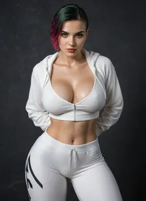 Runway look of a russian girl wearing white loose hoodie crop top, a white loose sports pants, in the style of dark blue and white, asymmetric compositions, 3d, industrial materials, techwear, sports wear, tagging and marking style, flowing lines, high gloss, made of rubber., (((Big silicon breasts:1.5))), (((thick thighs:1.3))), (((wide hips:1.3))), (((short green shaved hair))), Portugal pornstar, stunningly beautiful, crisp, hyperdetailed, sleek, ultramodern, magenta highlights, dark purple shadows, high contrast, cinematic, ultra detailed, intricate, professional, (Ed Benes studio), sexy pose, black wall background