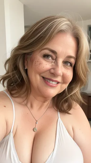 This image shows a headshot of a 65 year old obese ssbbw smiling mature granny. She has shoulder-length, light brown hair with lighter highlights, styled with some volume and layers. Her eyes are blue and she's looking directly at the camera. She's wearing a casual, light white camisole with a v-neck that reveals some cleavage. There are visible freckles on her chest. The lighting in the image appears to be natural, and the background is a blurred, light-colored indoor setting. Erect nipples. Downblouse, leaning forward., downblouse, nipslip, <lora:RealDownblouse4:.2>