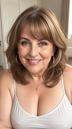This image shows a headshot of a 65 year old mature obese ssbbw smiling mature greek granny. She has shoulder-length, light brown hair with lighter highlights, styled with some volume and bangs. Her eyes are blue and she's looking directly at the camera. She's wearing a casual, tight silk light white camisole with a v-neck that reveals some cleavage. There are visible freckles on her chest. The lighting in the image appears to be natural, and the background is a blurred, light-colored indoor setting. Erect nipples. Downblouse, leaning forward. Open mouth smiling, lips parted, teeth showing