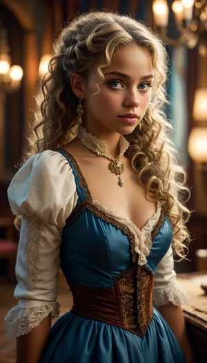 score_9, score_8_up, ballroom background, warm lighting, high detailed photorealistic, cowboy shot, realistic skin, cute african girl, athletic body, very long curly hair, light blond hair, ponytail hair, light blue eyes, curvy skinny, black african skin, victorian dress, <lora:MJ52:1.8>, <lora:SDXLFaeTastic2400:.8>