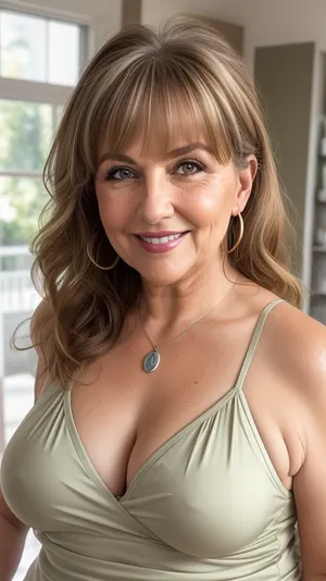 Lu, Lubica, This image shows a headshot of a Macedonian 65 year old obese ssbbw smiling mature granny. She has shoulder-length, light brown hair with lighter highlights, styled with some bangs in a ponytail. Her eyes are blue and she's looking directly at the camera. She's wearing a casual, silk light olive green camisole with a v-neck that reveals some cleavage. There are visible freckles on her chest. The lighting in the image appears to be natural, and the background is a blurred, light-colored indoor setting. Erect nipples., leaning forward., smiling mouth open, lips parted, teeth showing, sagging, breasts, Read, Description!, <lora:Sagging Breasts v1:.8>