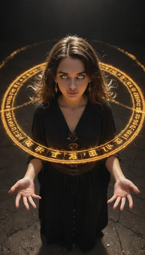 magical fantasy, 21 year old beautiful enchantress summoning glowing magic circle light on the ground, wavy flowing hair, side bang, glowing eyes, raising hands, wind blowing, flipped dark robe, pussy slightly exposed, glowing lightbeam from the ground, dark city, black background, strong back shadow, strong front light, above view, <lora:523419_training_data:.8>
