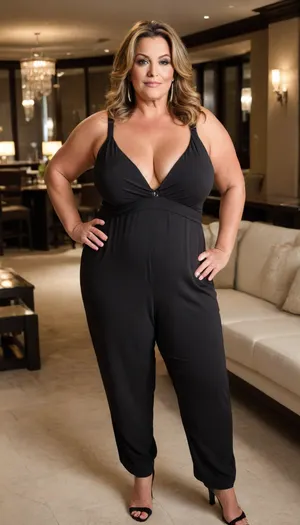 Women, 55 years old, milf, ssbbw figure, fupa, cameltoe, with oversized massive thick thighs and oversized wide hips. Natural floppy breast, braless under clothes. Tanned, tannlines. Seductive posing. Captivating light eyes. Dark blonde hair, hairlenght up to hips, straight hairstyle. In wide jumpsuit, decollete. At a party in a modern luxury hotel bar. Walking