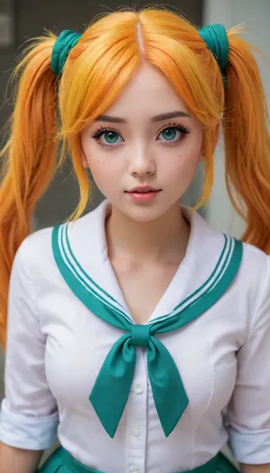 Image is a vibrant digital illustration featuring an anime-style character with long, bright orange hair styled in twin tails, adorned with yellow and green hair ties. The character has large, expressive teal eyes and a playful expression, with a slight blush on the cheeks. She is wearing a green sailor-style outfit with a white collar. The background is a dynamic mix of yellow and white, with a pixelated effect and the text 'kanade' in bold, white, stylized letters, partially obscured by the character's hair. The overall composition is colorful and energetic, with a focus on the character's lively expression and detailed hair design.