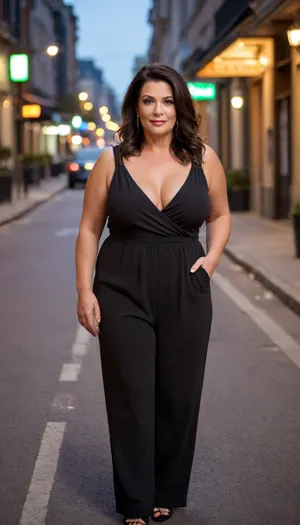 Women, 55 years old, milf, french, ssbbw figure, with oversized massive thick thighs and oversized wide hips. Natural floppy breast, braless under clothes. Tanned, tannlines. Seductive posing. Black hair, hairlenght up to hips, straight hairstyle. In wide jumpsuit, decollete. Night, city, street.